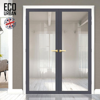 Image: Baltimore 1 Pane Solid Wood Internal Door Pair UK Made DD6301G - Clear Glass - Eco-Urban® Stormy Grey Premium Primed