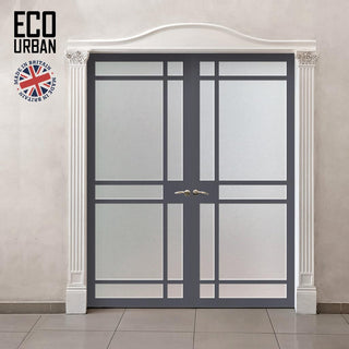 Image: Eco-Urban Leith 9 Pane Solid Wood Internal Door Pair UK Made DD6316SG - Frosted Glass - Eco-Urban® Stormy Grey Premium Primed