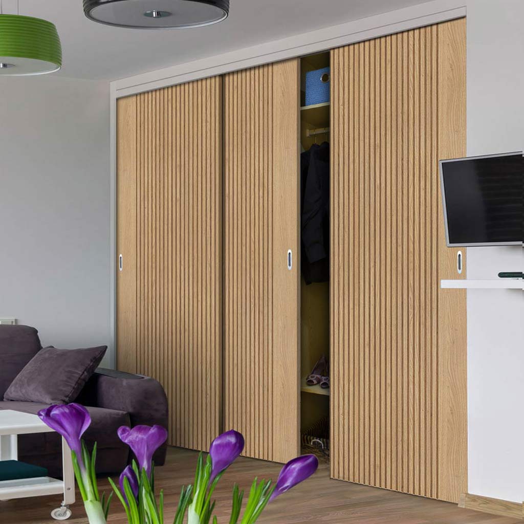 Minimalist Wardrobe Door & Frame Kit - Three Melbourne Oak Flush Internal Door - Prefinished