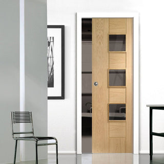 Image: Messina Oak Single Evokit Pocket Door - Clear Glass - Prefinished