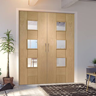 Image: Messina Oak Internal Door Pair - Clear Glass - Prefinished