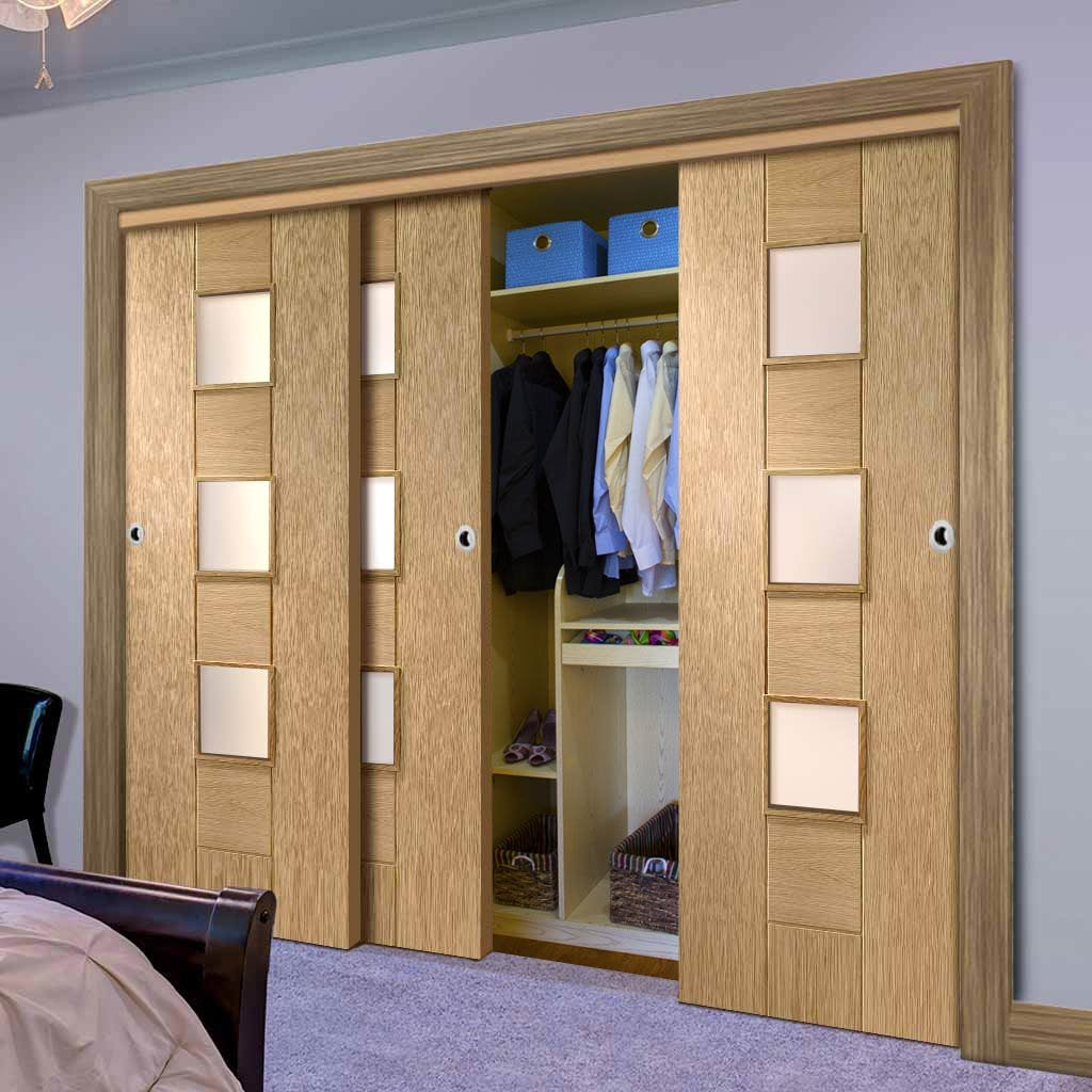 Three Sliding Wardrobe Doors & Frame Kit - Messina Oak Door - Obscure Glass - Unfinished