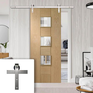 Image: Single Sliding Door & Stainless Steel Barn Track - Messina Oak Door - Clear Glass - Prefinished