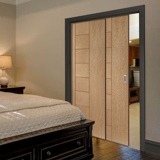 Image: Messina Oak Veneer Staffetta Twin Telescopic Pocket Doors - Prefinished