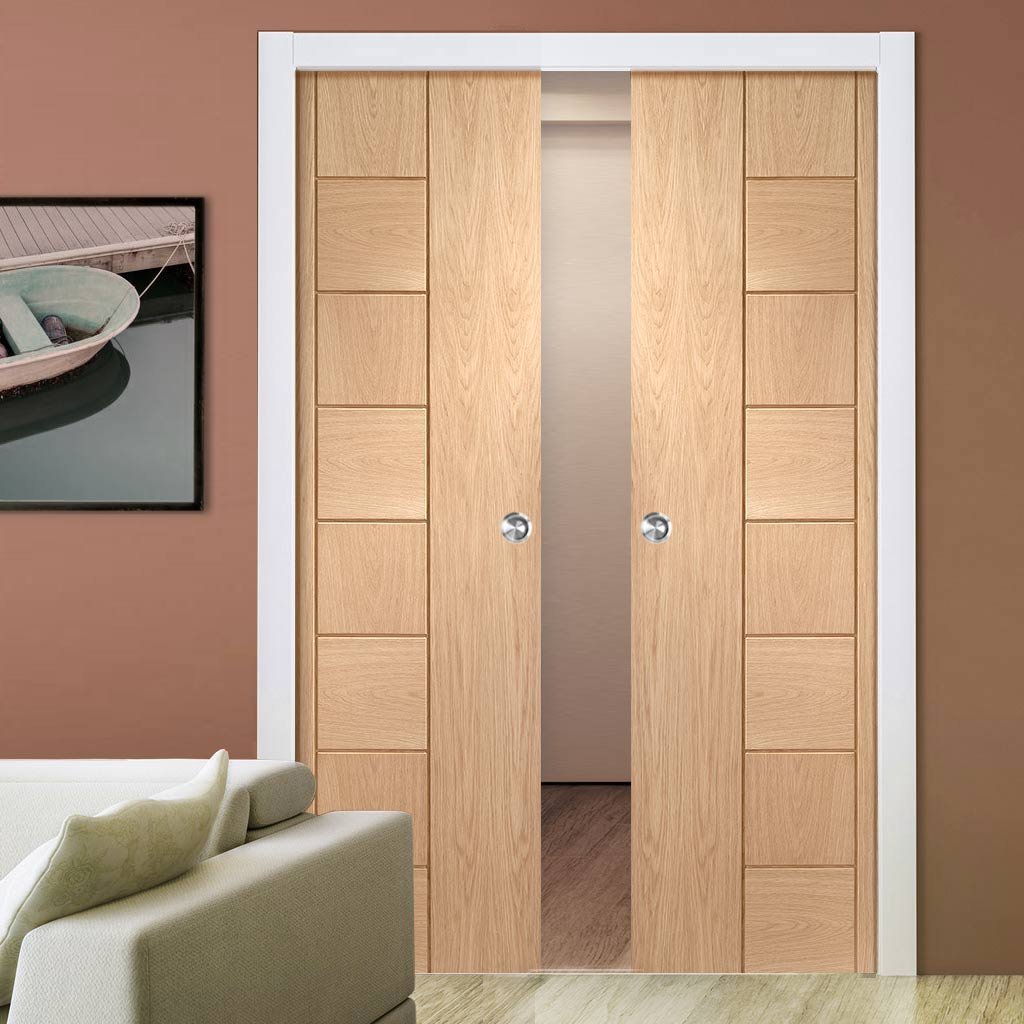 Messina Oak Flush Double Evokit Pocket Doors - Prefinished