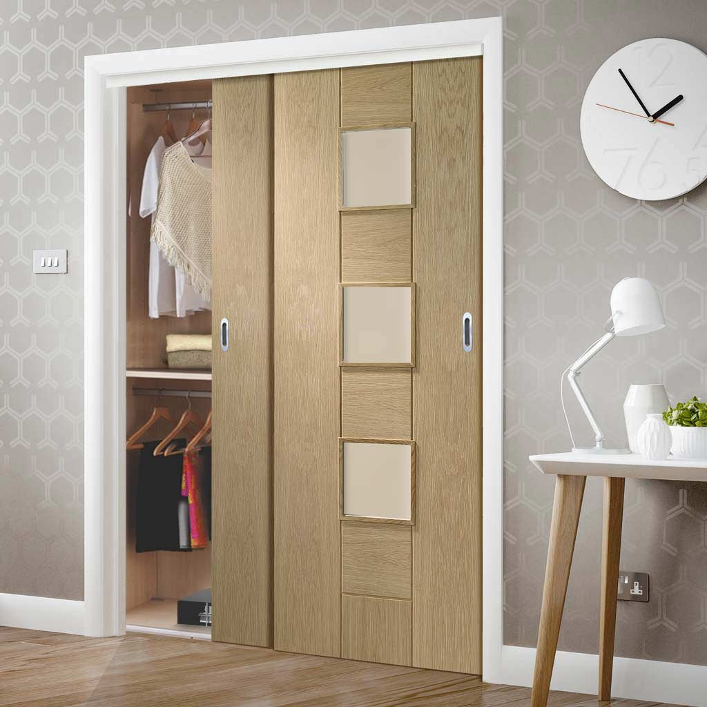 Two Sliding Wardrobe Doors & Frame Kit - Messina Oak Door - Obscure Glass - Unfinished