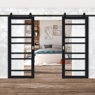 Image: Top Mounted Black Sliding Track & Solid Wood Double Doors - Eco-Urban® Metropolitan 7 Pane Doors DD6405G Clear Glass - Shadow Black Premium Primed