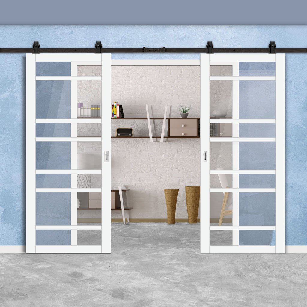 Top Mounted Black Sliding Track & Solid Wood Double Doors - Eco-Urban® Metropolitan 7 Pane Doors DD6405G Clear Glass - Cloud White Premium Primed