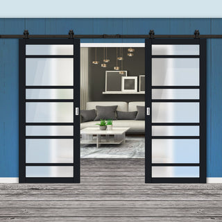 Image: Top Mounted Black Sliding Track & Solid Wood Double Doors - Eco-Urban® Metropolitan 7 Pane Doors DD6405SG Frosted Glass - Shadow Black Premium Primed