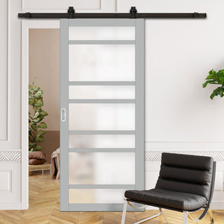 Image: Top Mounted Black Sliding Track & Solid Wood Door - Eco-Urban® Metropolitan 7 Pane Solid Wood Door DD6405SG Frosted Glass - Mist Grey Premium Primed