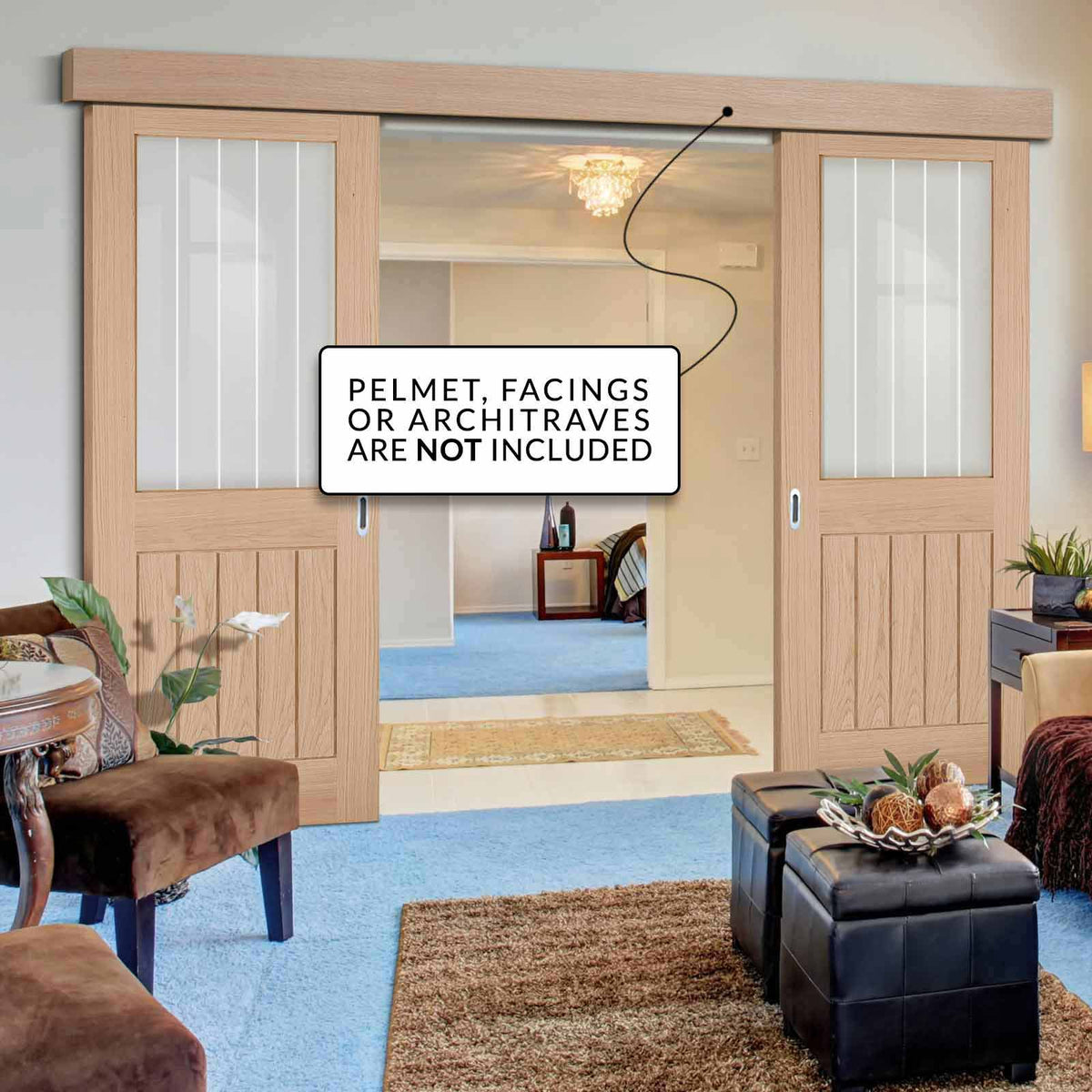 Double Sliding Door & Wall Track - Belize Oak Doors - Silkscreen Etched Clear Glass - Unfinished