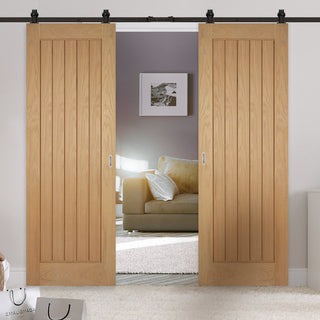 Image: Top Mounted Black Sliding Track & Double Door - Mexicano Oak Doors - Unfinished