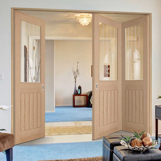 Image: Three Folding Doors & Frame Kit - Belize Oak 2+1 Door - Silkscreen Etched Clear Glass - Unfinished