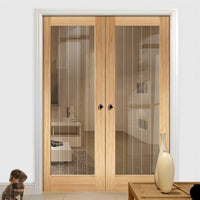 Mexicano Oak Door Pair - Clear Glass - Frosted Lines