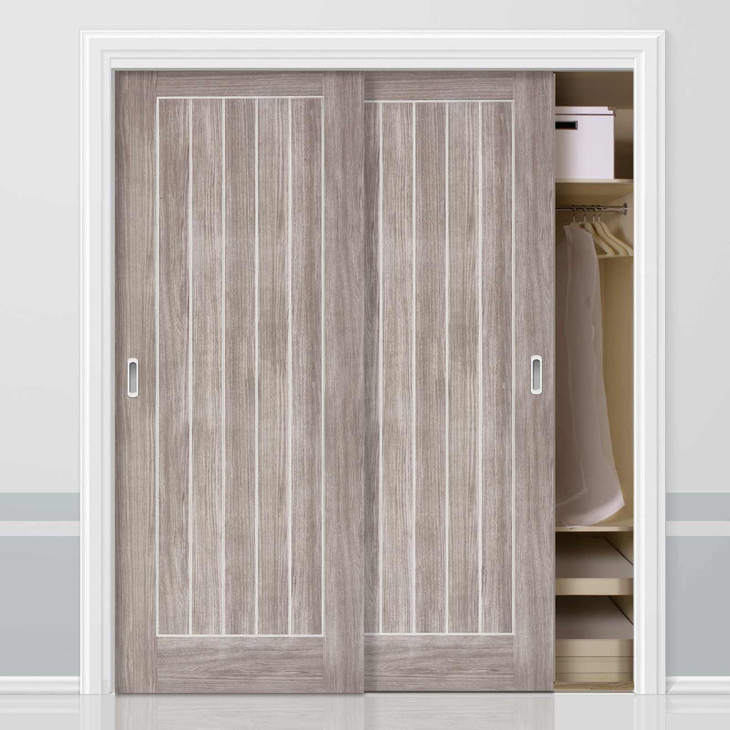 Two Sliding Wardrobe Doors & Frame Kit - Laminate Mexicano Light Grey Door - Prefinished