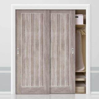 Image: Two Sliding Wardrobe Doors & Frame Kit - Laminate Mexicano Light Grey Door - Prefinished