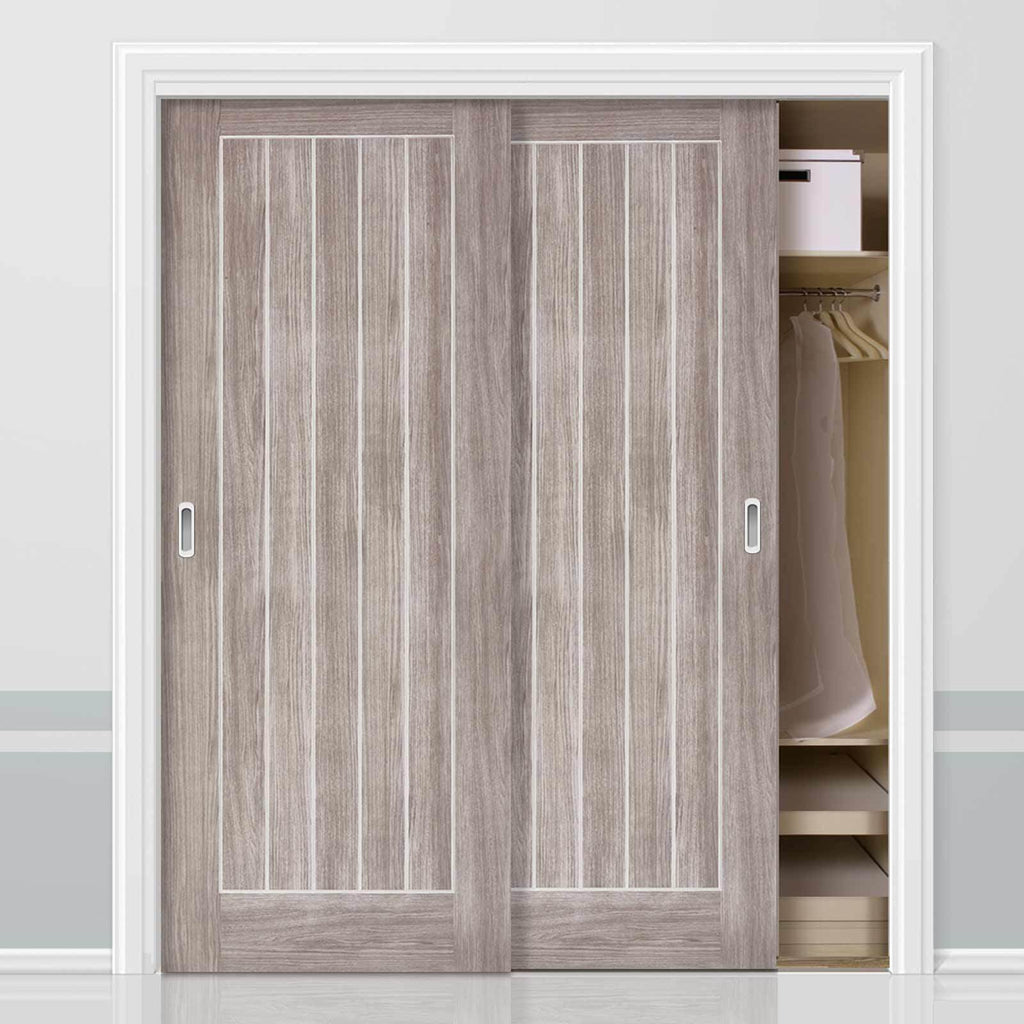 Minimalist Wardrobe Door & Frame Kit - Two Laminate Mexicano Light Grey Doors - Prefinished