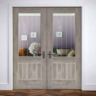 Image: Laminate Mexicano Light Grey Door Pair - Etched Clear Glass - Prefinished