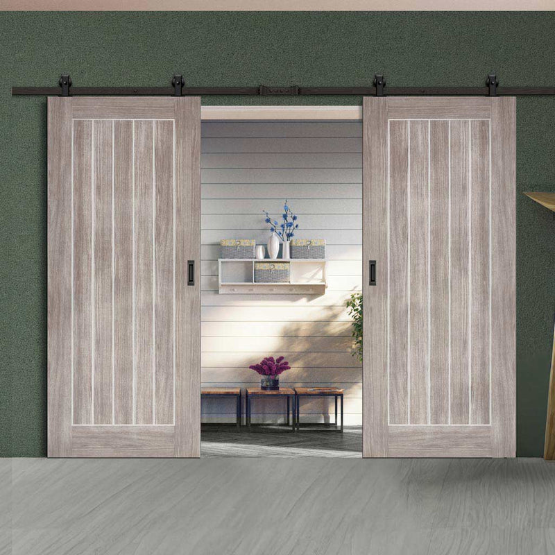 Top Mounted Black Sliding Track & Double Door - Laminate Mexicano Light Grey Doors - Prefinished