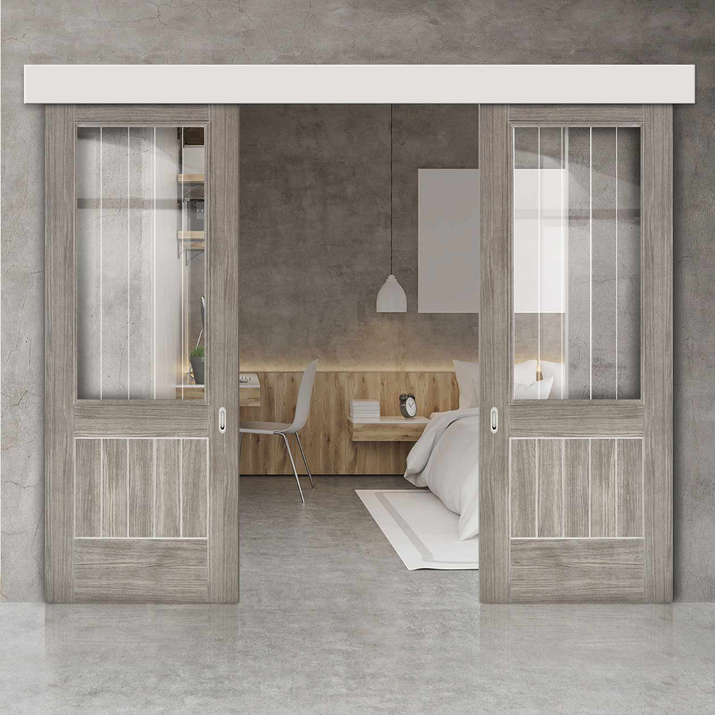 Double Sliding Door & Wall Track - Laminate Mexicano Light Grey Doors Etched Clear Glass - Prefinished