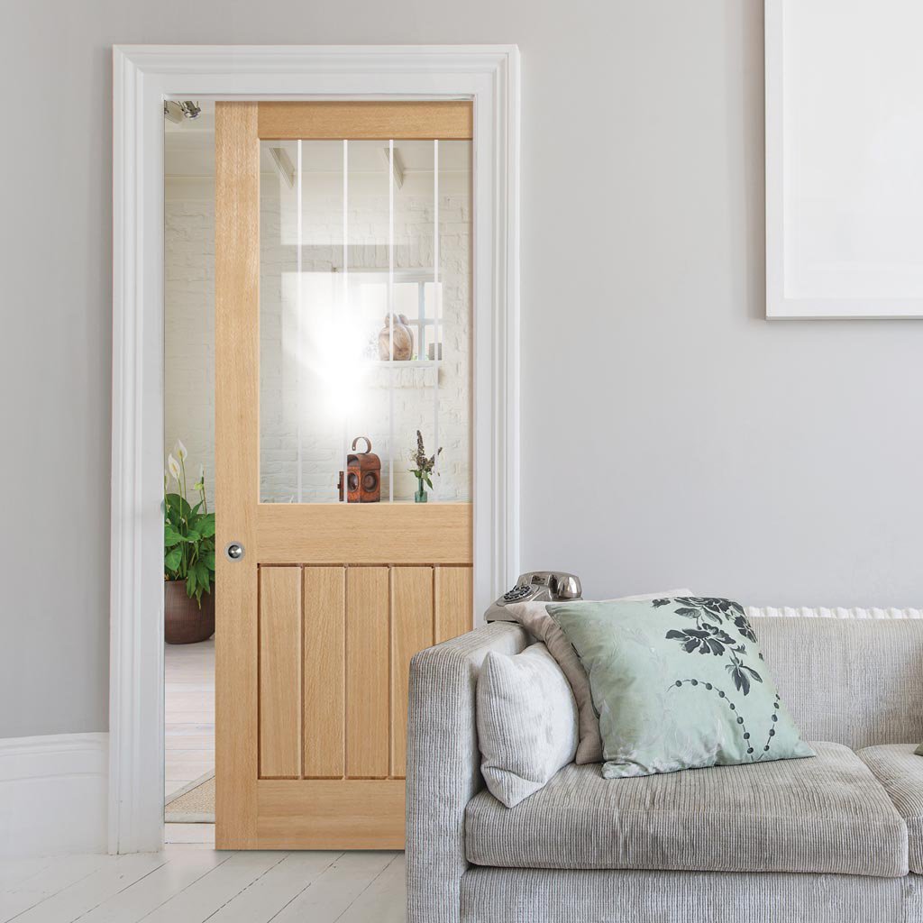 Mexicano Oak Single Evokit Pocket Door - Half Light Clear Glass - Frosted Lines