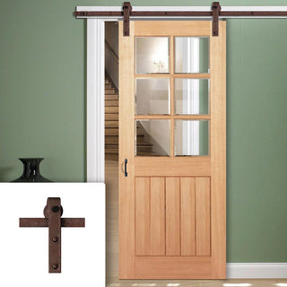Image: Single Sliding Door & Straight Antique Rust Track - Mexicano 6 Pane Oak Door - Bevelled Clear Glass - Unfinished