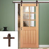 Single Sliding Door & Straight Antique Rust Track - Mexicano 6 Pane Oak Door - Bevelled Clear Glass - Unfinished