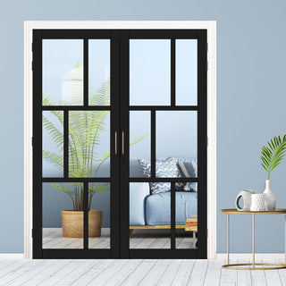 Image: Eco-Urban Milan 6 Pane Solid Wood Internal Door Pair UK Made DD6422G Clear Glass - Eco-Urban® Shadow Black Premium Primed