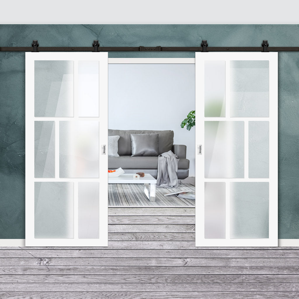 Top Mounted Black Sliding Track & Solid Wood Double Doors - Eco-Urban® Milan 6 Pane Doors DD6422SG Frosted Glass - Cloud White Premium Primed