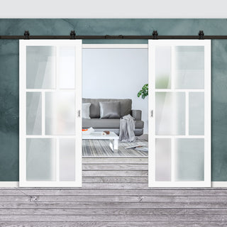 Image: Top Mounted Black Sliding Track & Solid Wood Double Doors - Eco-Urban® Milan 6 Pane Doors DD6422SG Frosted Glass - Cloud White Premium Primed