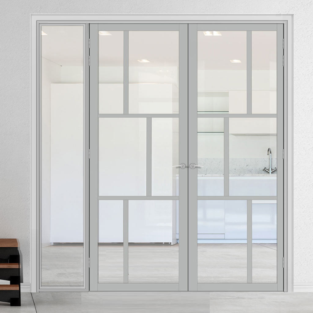 Bespoke Room Divider - Eco-Urban® Milan Door Pair DD6422C - Clear Glass with Full Glass Side - Premium Primed - Colour & Size Options