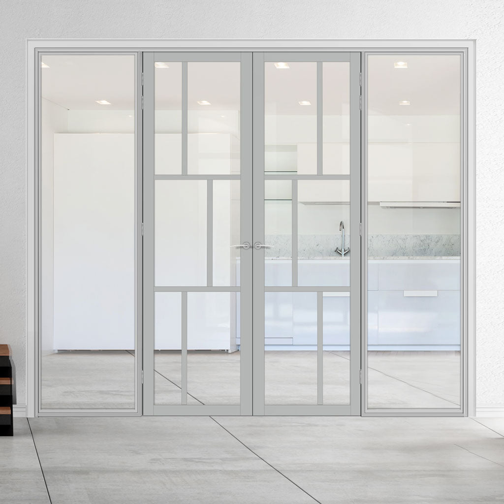 Bespoke Room Divider - Eco-Urban® Milan Door Pair DD6422C - Clear Glass with Full Glass Sides - Premium Primed - Colour & Size Options