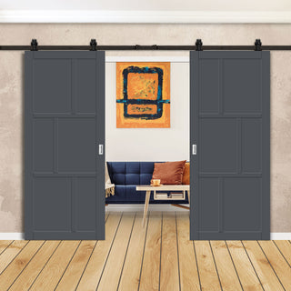 Image: Top Mounted Black Sliding Track & Solid Wood Double Doors - Eco-Urban® Milan 6 Panel Doors DD6422 - Stormy Grey Premium Primed