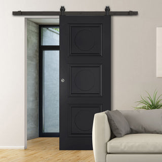 Image: Top Mounted Black Sliding Track & Door - Antwerp 3 Panel Black Primed Door