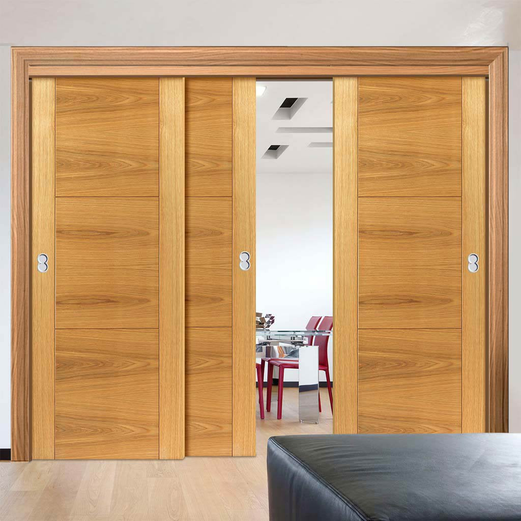 Three Sliding Doors and Frame Kit - Mistral Flush Oak Door - Decor Grooves - Prefinished
