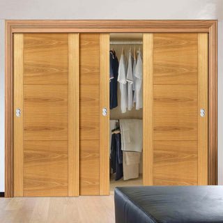 Image: Three Sliding Wardrobe Doors & Frame Kit - Mistral Flush Oak Door - Decor Grooves - Prefinished
