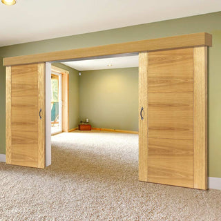 Image: Double Sliding Door & Wall Track - Mistral Flush Oak Doors - Decor Grooves - Prefinished