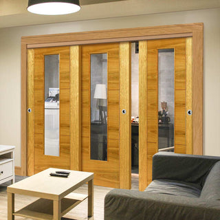 Image: Three Sliding Doors and Frame Kit - Mistral Flush Oak Door - Decor Grooves - Clear Glass - Prefinished