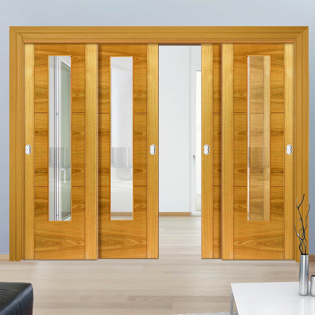 Four Sliding Doors and Frame Kit - Mistral Flush Oak Door - Decor Grooves - Clear Glass - Prefinished