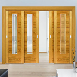 Image: Four Sliding Doors and Frame Kit - Mistral Flush Oak Door - Decor Grooves - Clear Glass - Prefinished