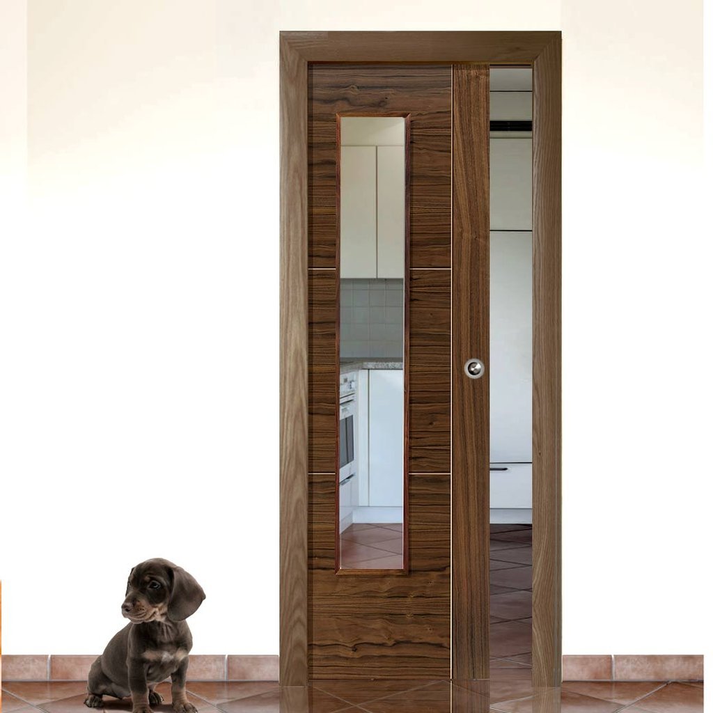 Mistral Walnut Single Evokit Pocket Door - Clear Glass - Prefinished