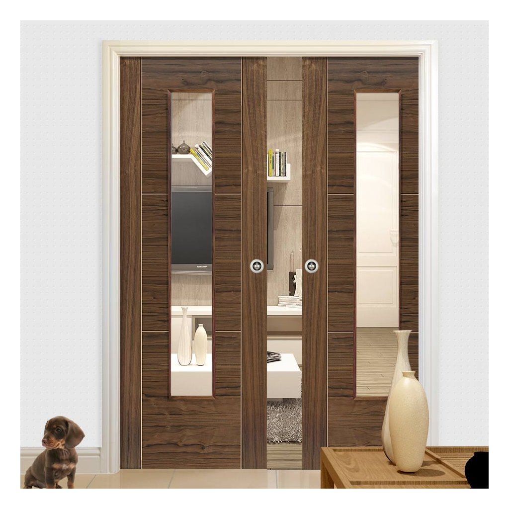 Mistral Walnut Double Evokit Pocket Doors - Clear Glass - Prefinished