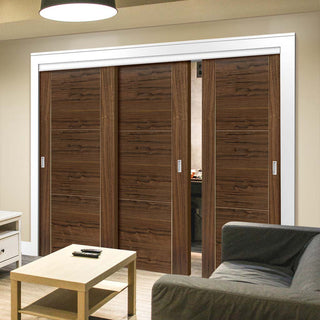 Image: Three Sliding Doors and Frame Kit - Mistral Flush Walnut Door - Decor Grooves - Prefinished