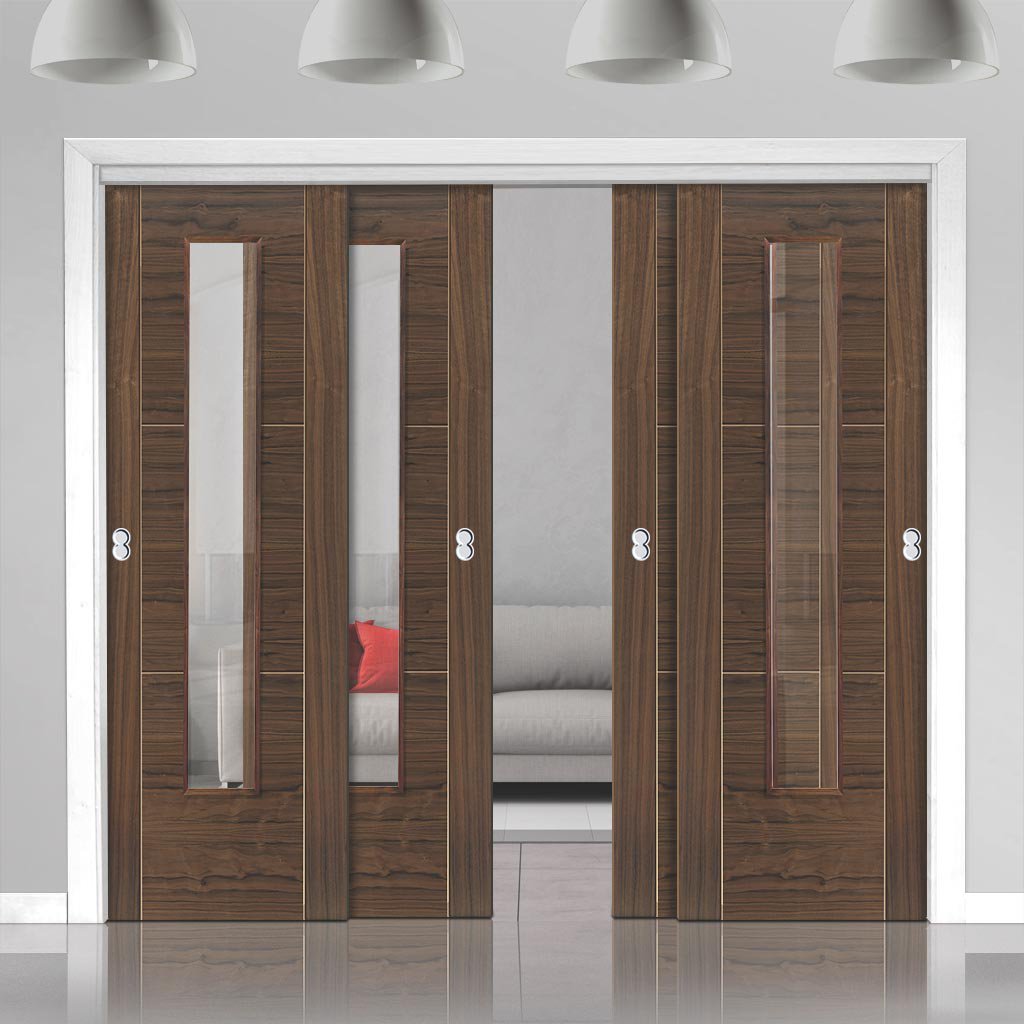 Four Sliding Doors and Frame Kit - Mistral Flush Walnut Door - Decor Grooves - Clear Glass - Prefinished