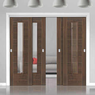 Image: Four Sliding Doors and Frame Kit - Mistral Flush Walnut Door - Decor Grooves - Clear Glass - Prefinished
