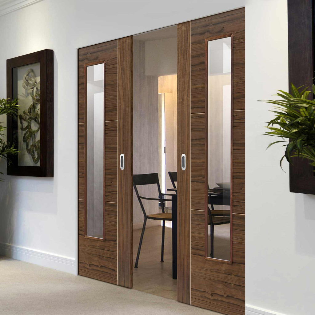 Mistral Walnut Absolute Evokit Double Pocket Doors - Clear Glass - Prefinished