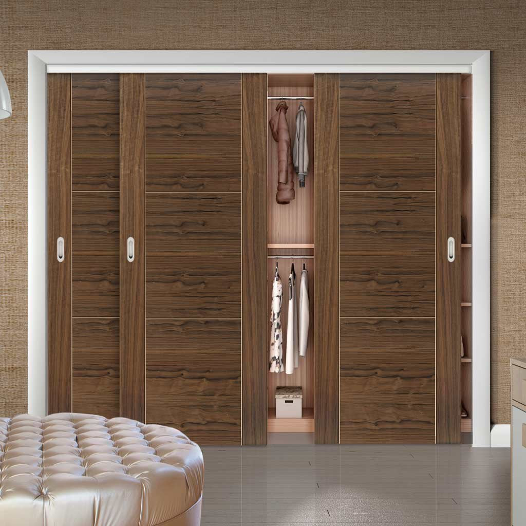 Three Sliding Wardrobe Doors & Frame Kit - Mistral Flush Walnut Door - Decor Grooves - Prefinished