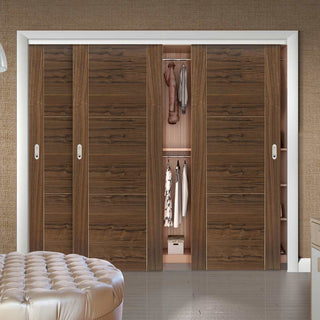 Image: Three Sliding Wardrobe Doors & Frame Kit - Mistral Flush Walnut Door - Decor Grooves - Prefinished