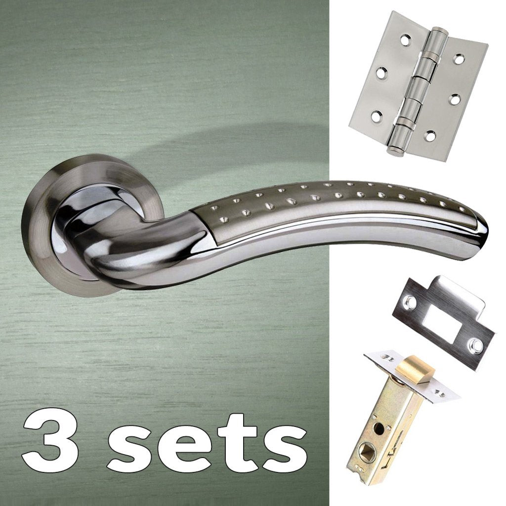 Three Pack Monaco Mediterranean Lever On Rose - Satin Nickel - Polished Chrome Handle