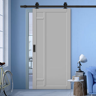 Image: Top Mounted Black Sliding Track & Solid Wood Door - Eco-Urban® Suburban 4 Panel Solid Wood Door DD6411 - Mist Grey Premium Primed